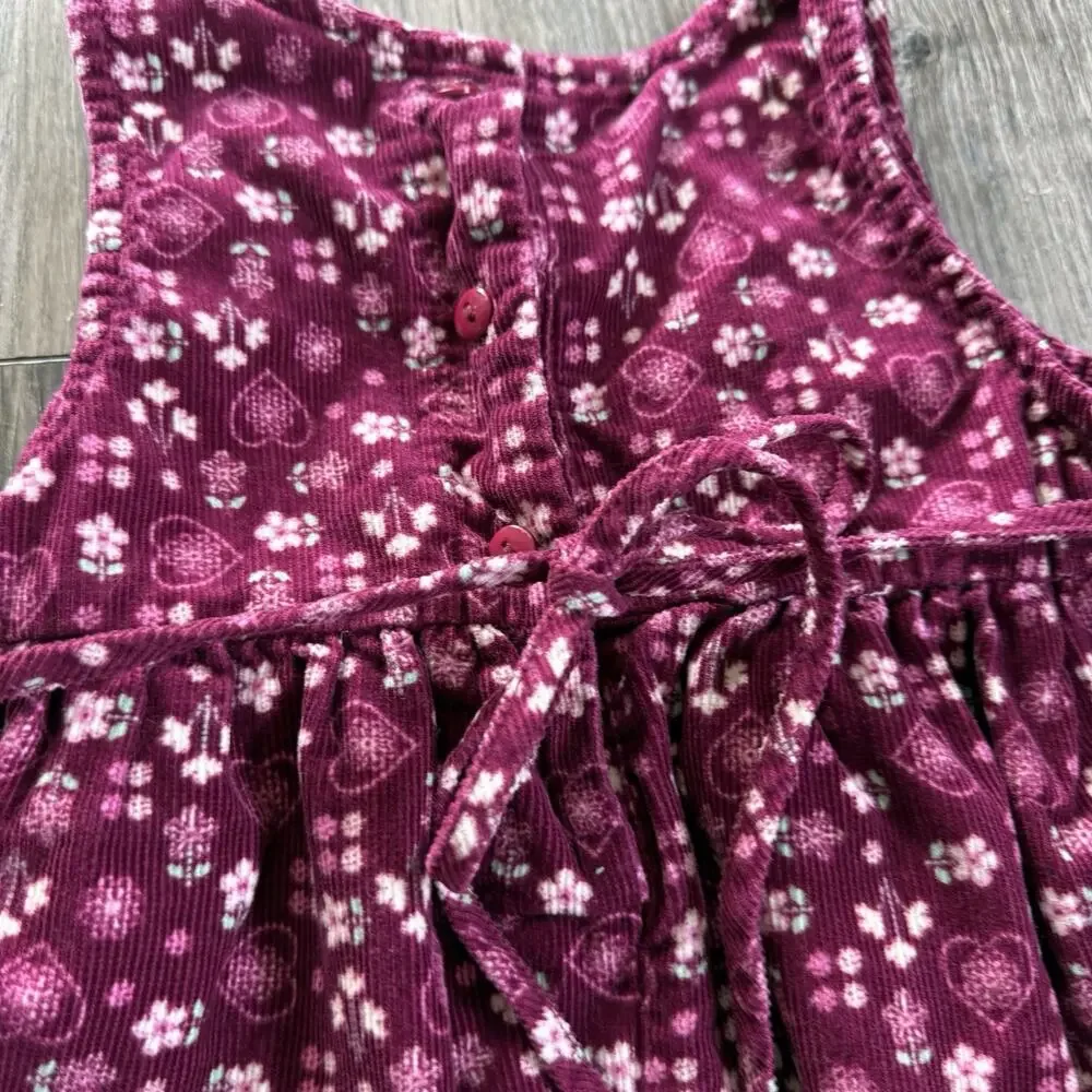 Vtg 90s Floral Heart Bows Jumper Dress Toddler Purple Size 4T Corduroy Flowers